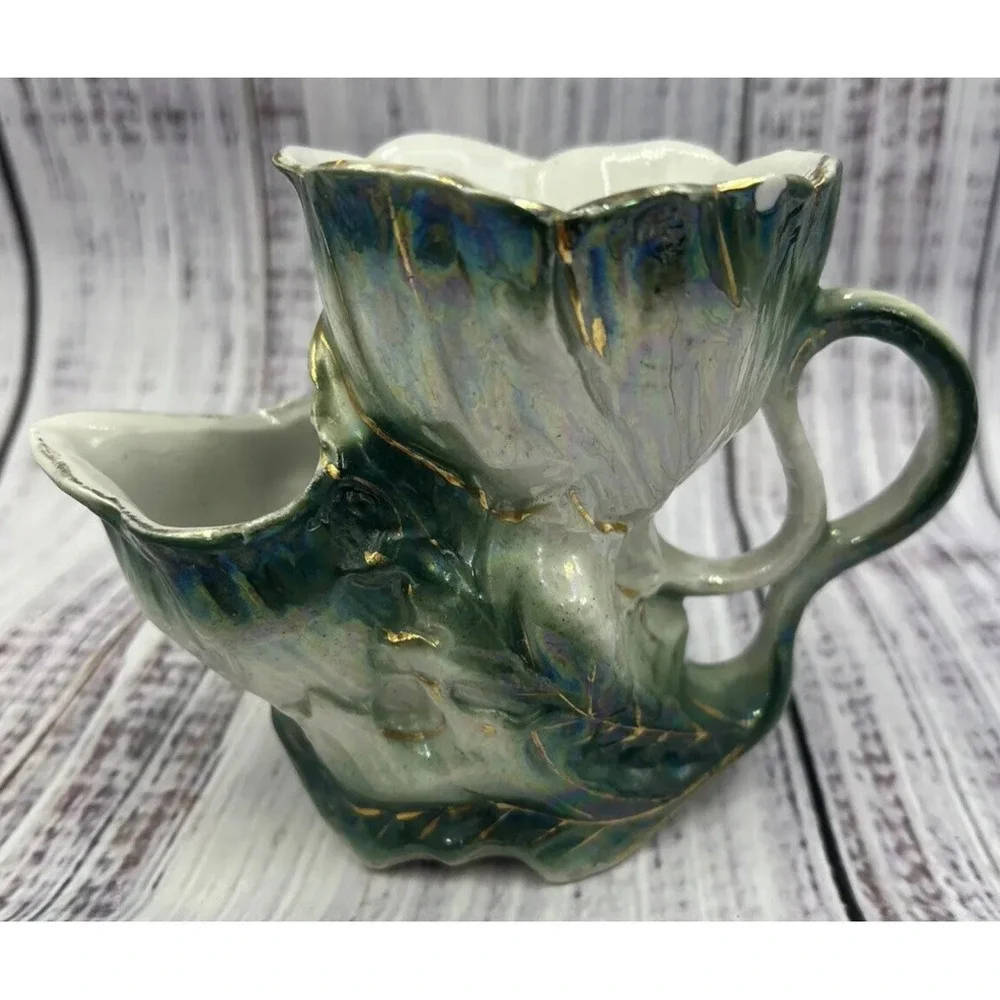 Antique German Porcelain Mustache Shaving Mug Luster Green Gold